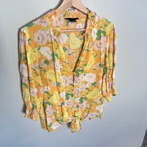 Sanctuary Yellow Floral Tie Front Blouse Smocked Sleeve V Neck Top